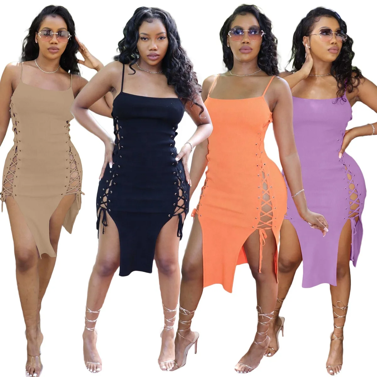 

YD - Y16807 Hot selling summer sexy elastic solid color knitted bodycon slit drawstring women dress