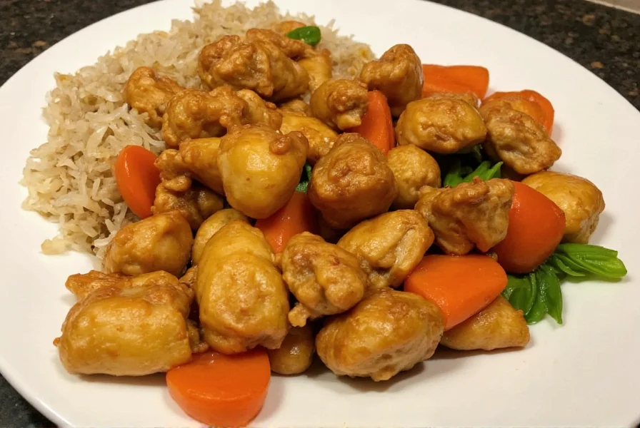 Ginger chicken recipe served with steamed rice and colorful vegetables on a wooden table