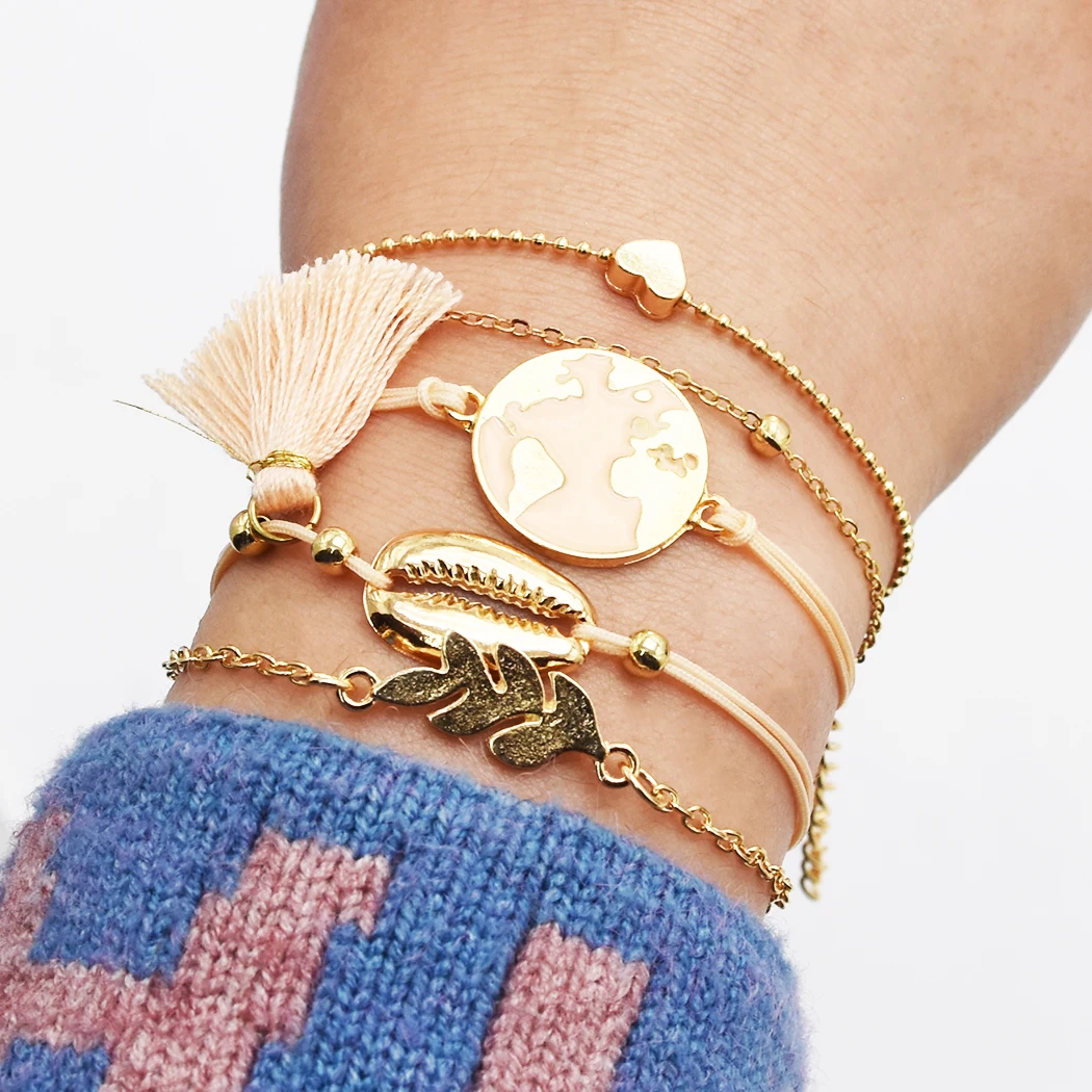 

Korean Jewelry Fashion Autumn Beach Bracelet Arrow Leaf Elk Bracelet Set, Gold
