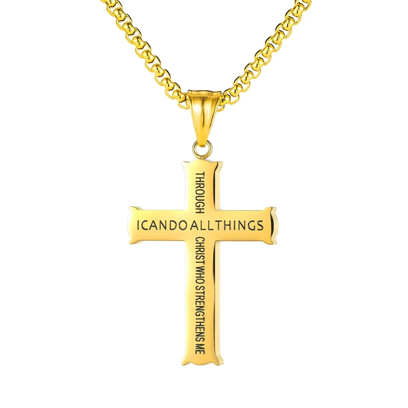 

MECYLIFE I Can Do All Things Through Christ Who Strengthens Me Cross Pendant Necklace Stainless Steel Christian Necklace, Steel,gold,black