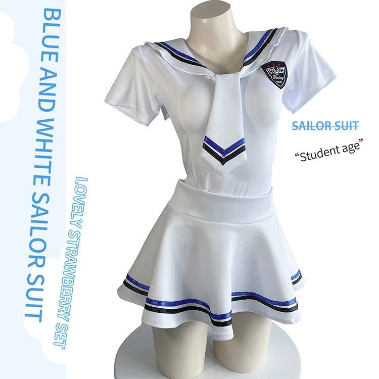 

Japanese School Students Girls Sexy Sailor One Piece Jumpsuit Uniform Lingerie, Blue and whitesize average code