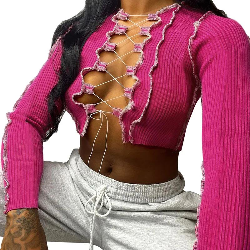 

womens boutique clothes tops long sleeve Hollow straps blouse