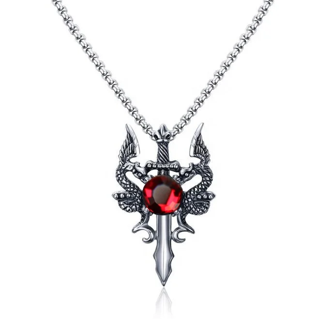 

New product shelves personality fashion trendy hand polished jewelry stainless steel double dragon sword pendant necklace