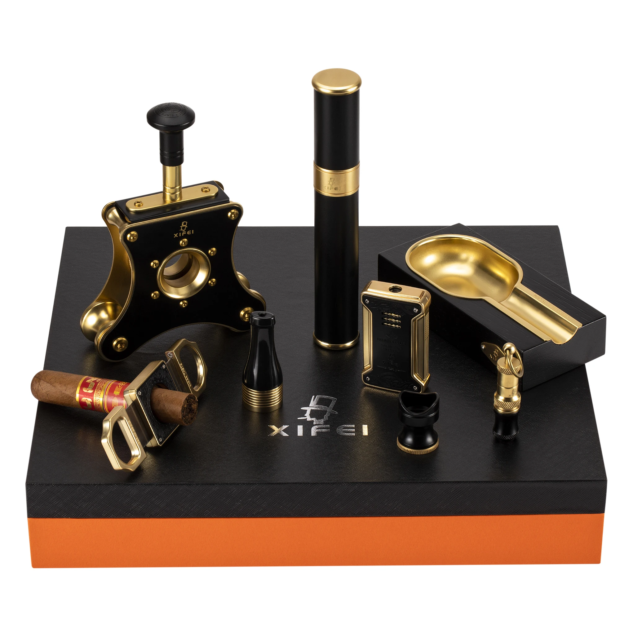 

High Quality Wholesale Luxury Presidential Cigar accessories Gift Set Container Cutter Ashtray Lighter, Black, gold