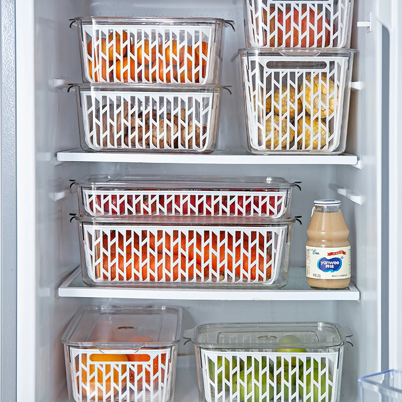 

23.5*21.5*10cm Kitchen Refrigerator Stackable Transparent Plastic Food Fresh-keeping Storage Boxes with Colander Sets