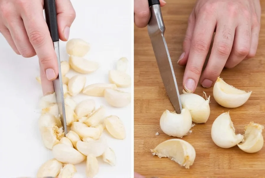 Different garlic cutting techniques showing mincing and slicing methods