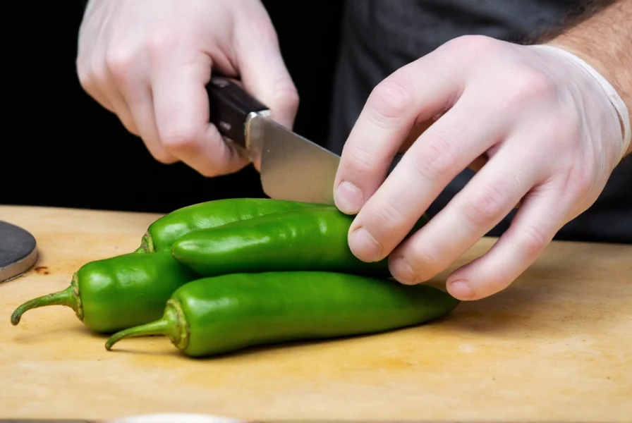 Chef's hands preparing serrano peppers for cooking with safety gloves and proper cutting technique