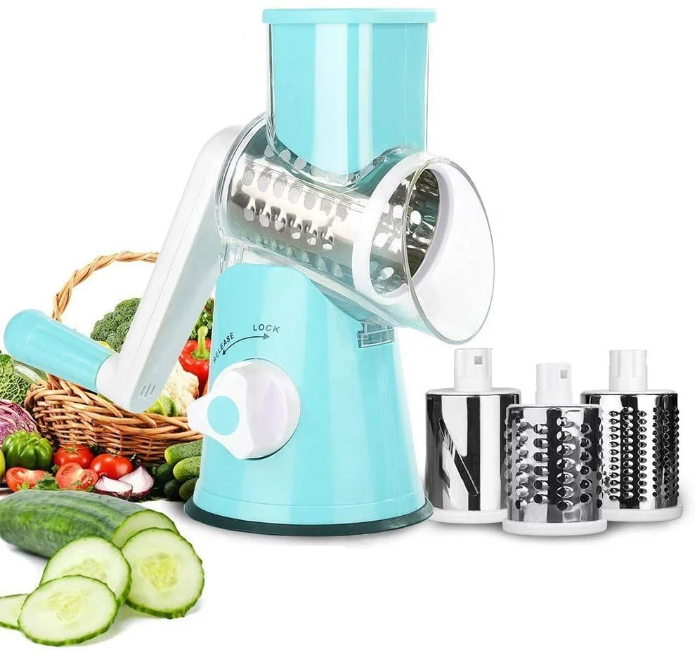 

Gutsbox Upgraded 3 in 1 Round Veggie Chopper Fruit Cutter Cheese Shredder Rotary Drum Grater with 3 Stainless Steel Blades, Blue green red