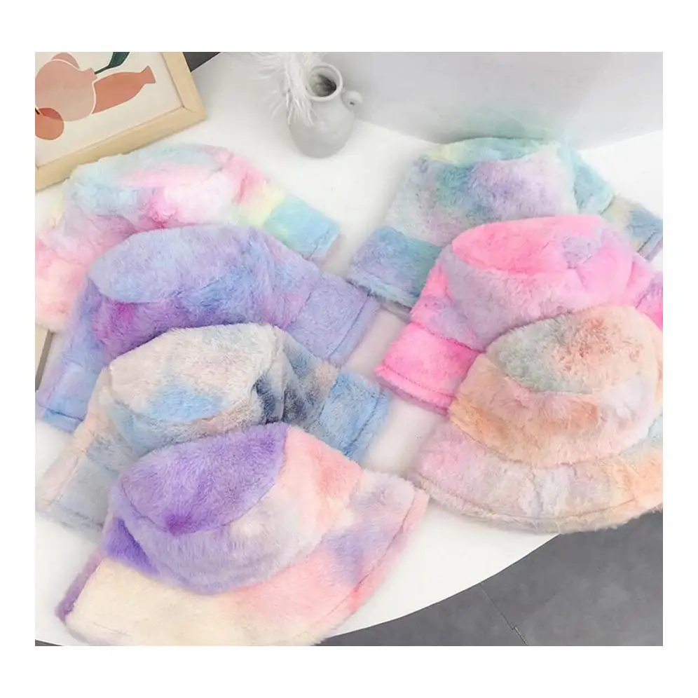 

Tie Dye Plush Bucket Hat Women Fishman Cap Girl Winter Outdoor Warm Rainbows Wide Brim Cap Colorful Ear Protect Headgear Ljjp767