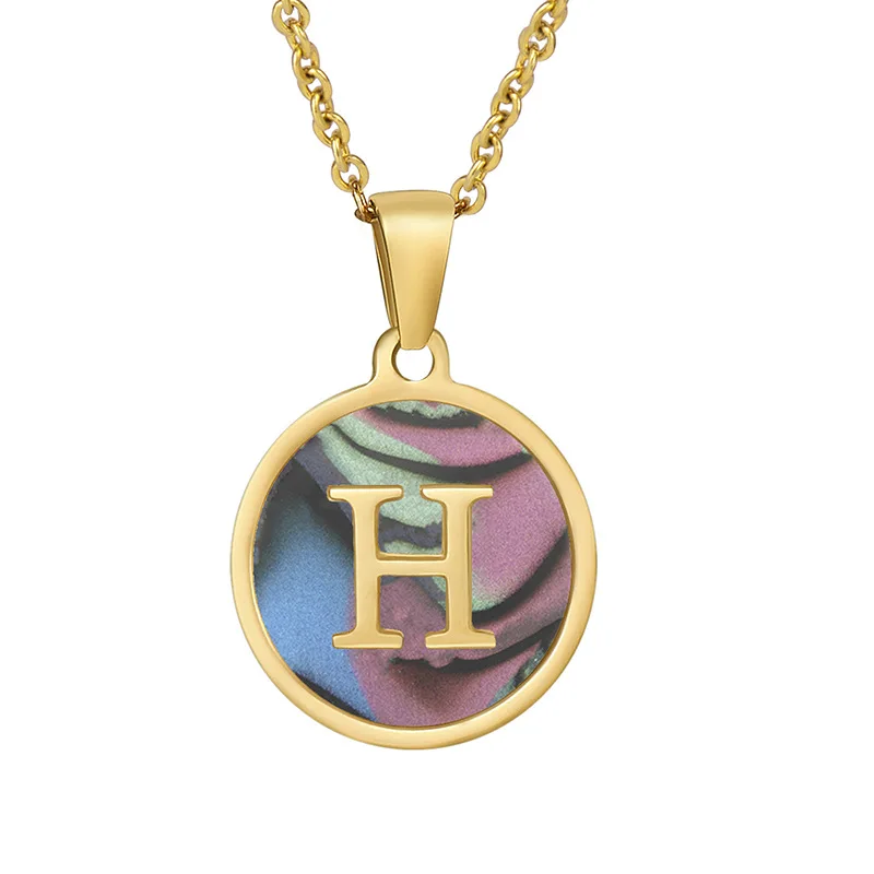 

18k Gold-Plated Stainless Steel Round Pendant Inlaid With Shells 26 English Letters Clavicle Chain Necklace 2021, Like picture