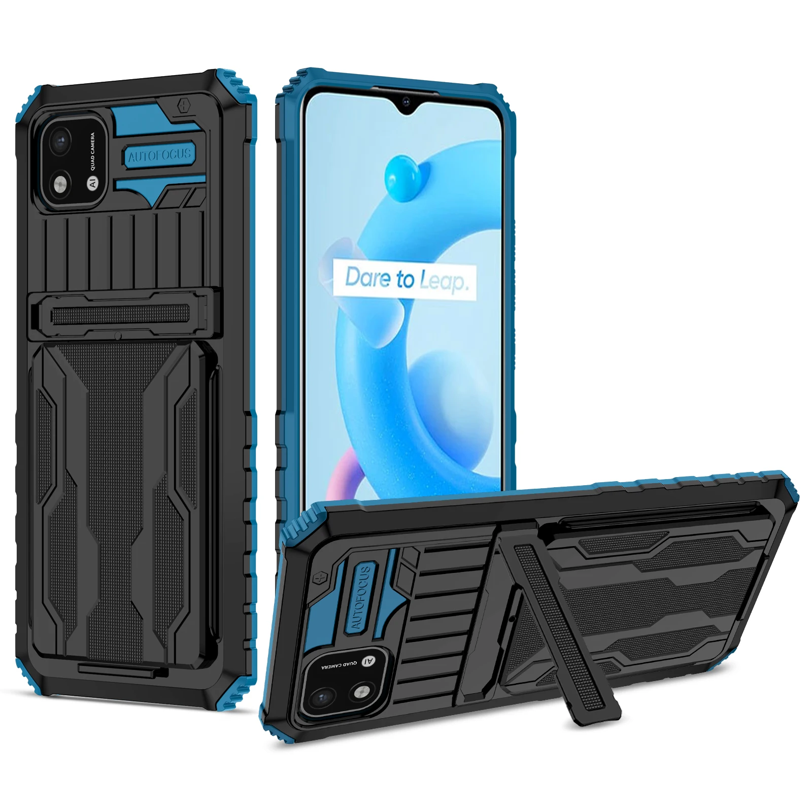 

Luxury TPU PC Hybrid Shockproof Phone Case with Detachable Card Holder and Kickstand For OPPO REALME C20, As pictures