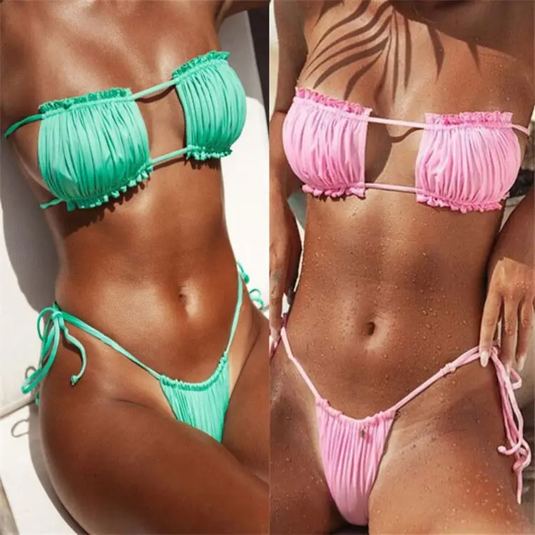 

2021 New Bikini Sexy Pleated Open Swimsuit Women'S Solid Color Tube Top