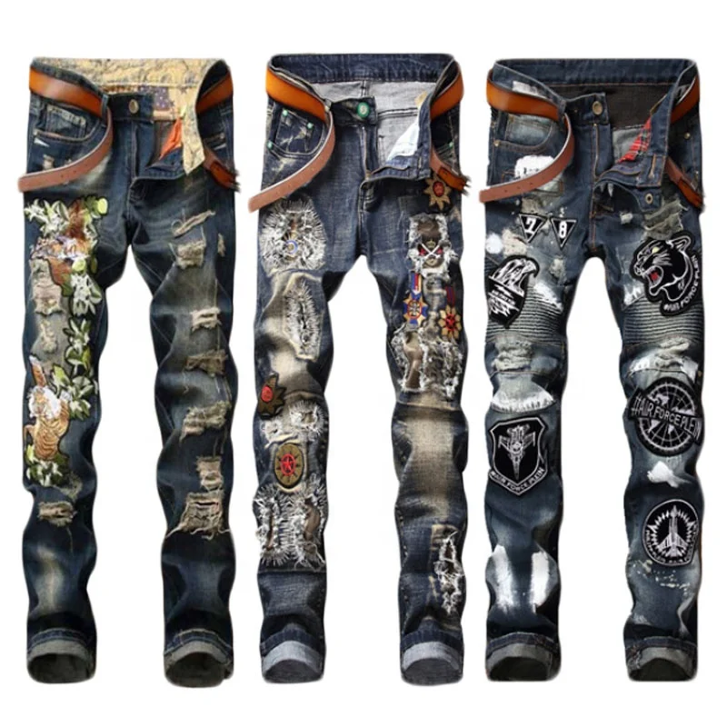 

stock wholesale 4 styles options motor & biker cotton stretch narrow cuff slim damaged ripped embroidery men jeans patch