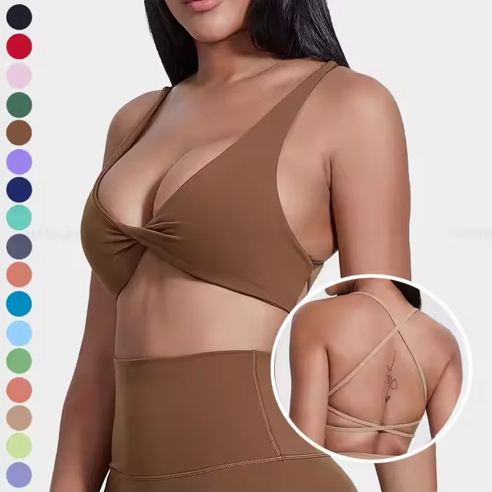Womens Twist Yoga Crop Tops Cross Open Back Women's Scrunch Front V Gym Yoga Wrap Top