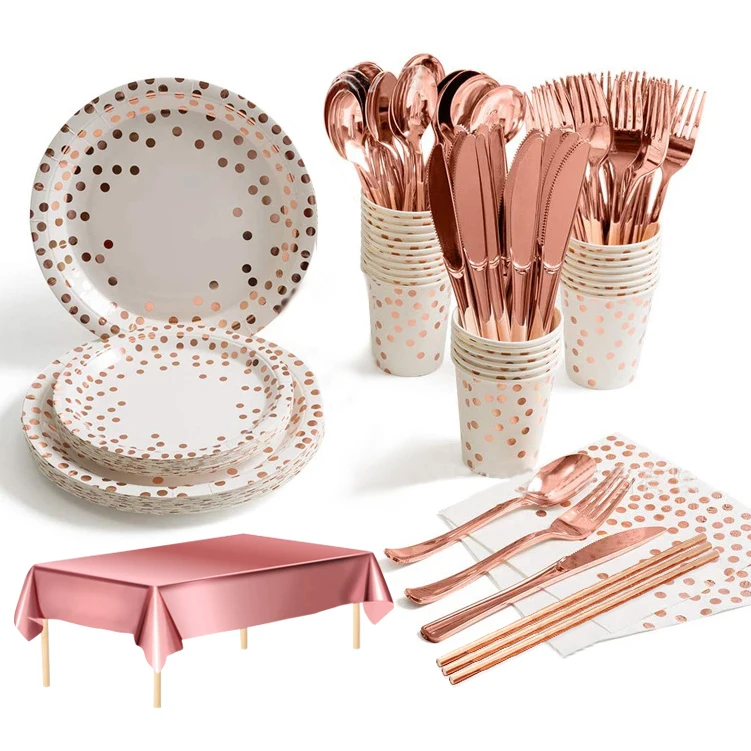

Service16 Guests Rose Gold Theme Degradable paper plates cups straw tablecloth Party Supplies decorations tableware set