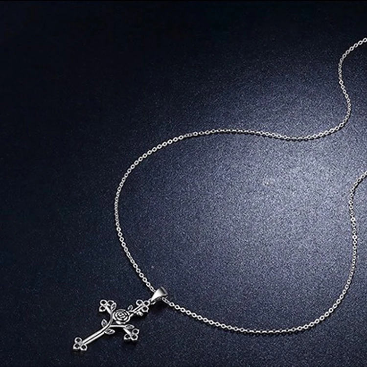 

2020 New 925 Sterling Silver Rose Cross Pendant Chain Necklace For Women Wholesale