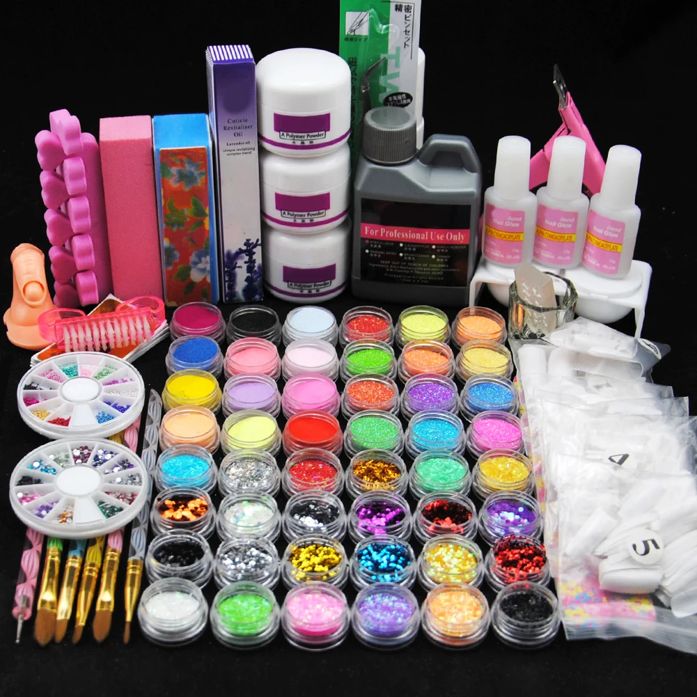 

2021 Hot Sale Colorful 72Pcs Nail Kit Acrylic Powder Glitter LED UV Gel With Nail Trimming Kit Liquid Glitter Curved Tweezer, 72 colors nail kit