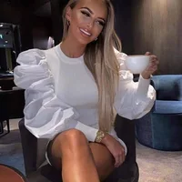 

Trendy Ruched Long Lantern Sleeve White Women Ladies Tops Latest High Neck Blouse