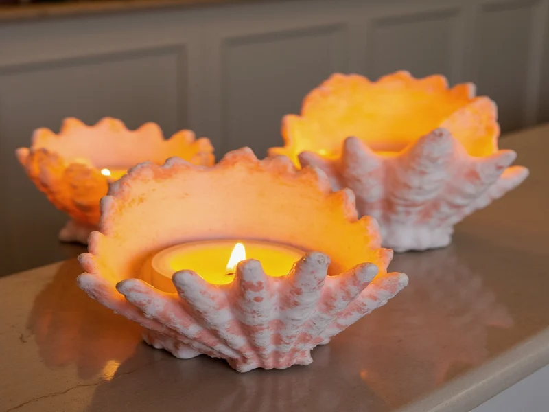 Close-up of painted seashell candle holders glowing