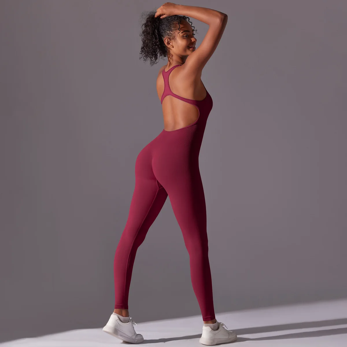 Seamless Nylon Workout Jumpsuit Open Back