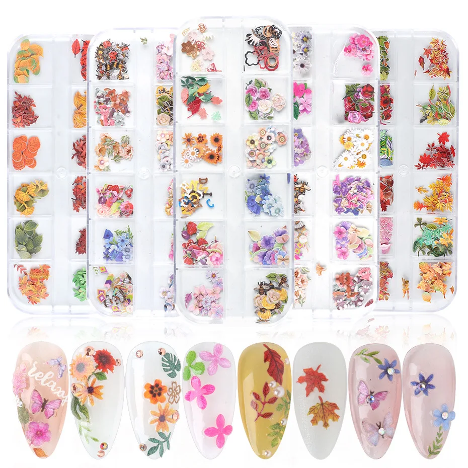 

Nailwood pulp pieces spring and autumn 3d boxed colorful flowers butterfly maple leaf fingernail decoration nail