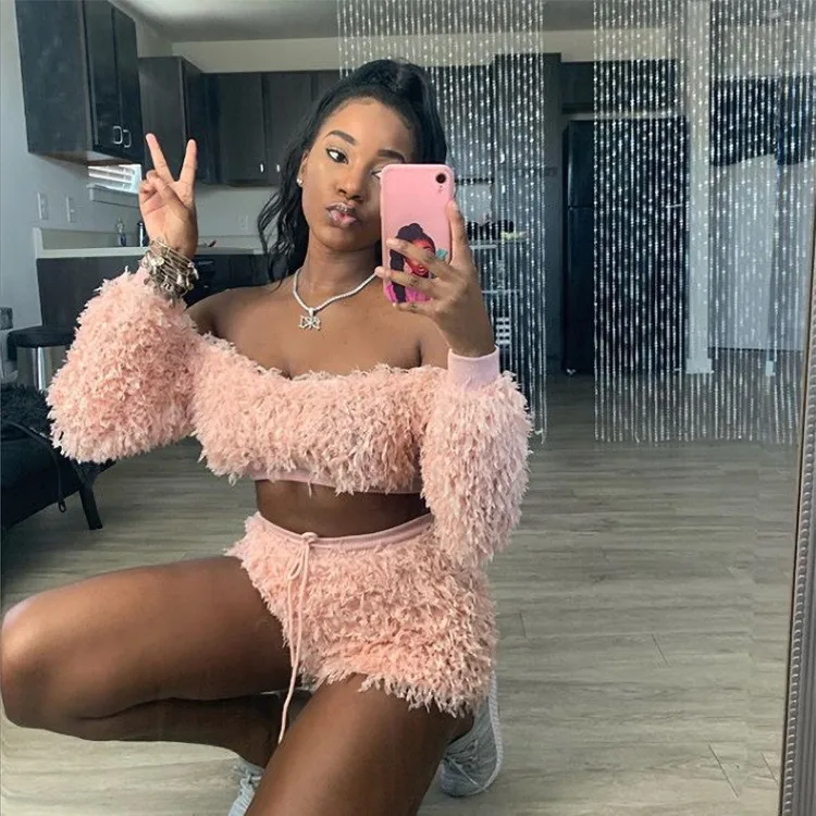 

Slash Neck Off Shoulder Long Sleeve Crop Top Feather Two Piece Set Two Piece Shorts Set Women Two Piece Pink Sets Autumn