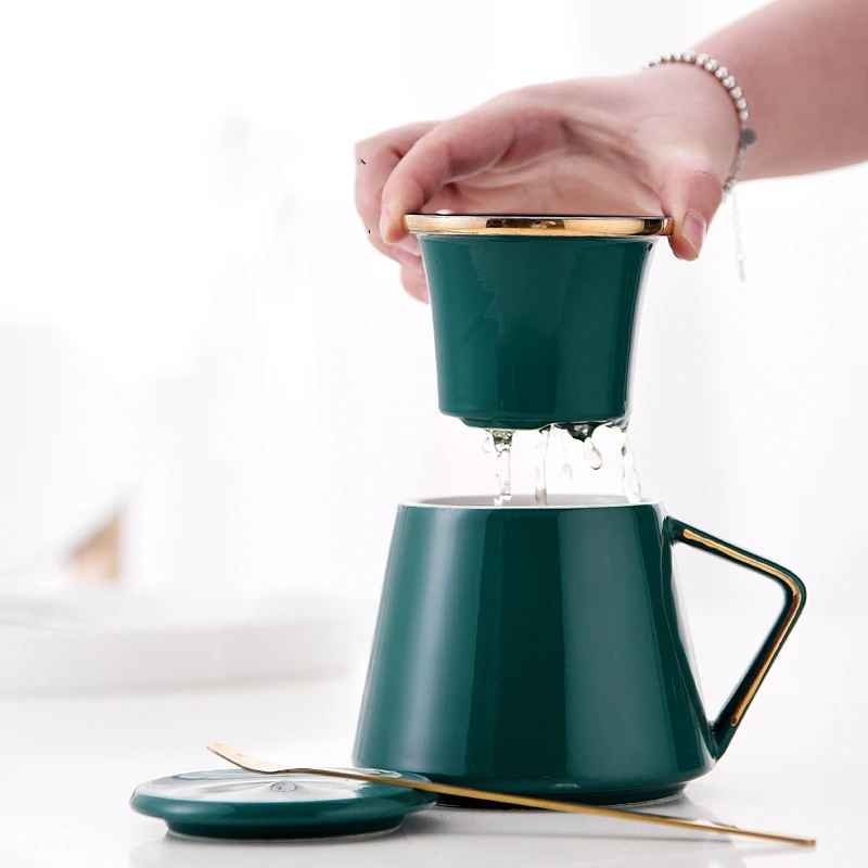 

Amazon hot sale gold rim ceramic tea infuser mug with spoon, White, green and black