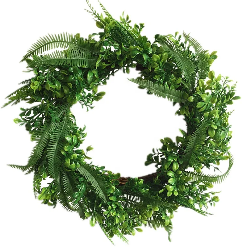 

18 inch Artificial faux green boxwood leaves plastic Fern Plant garland wreath for door decoration