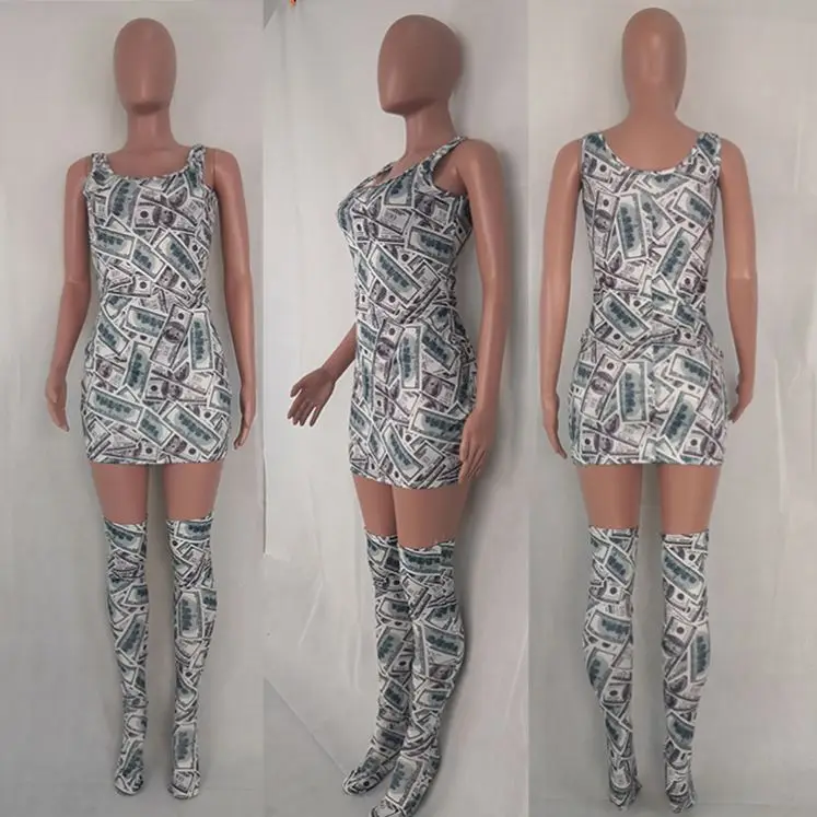 
11AF031 best seller dollar print bodycon dress thigh high sock Dress Clothing Women Two Piece Set 2020 