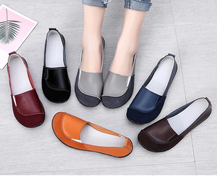 

Women Female Old Mother Flats Shoes Loafers Slip On Round Toe Black Cow Genuine Leather Casual Non Slip Sneakers, Black blue grey orange coffee wine-red