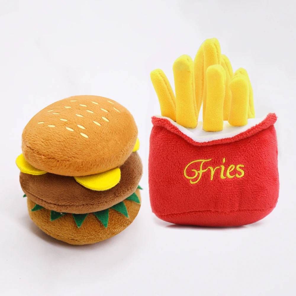 

Low MOQ wholesale funy chewer christmas dog toys burger fries pet toy cat toys