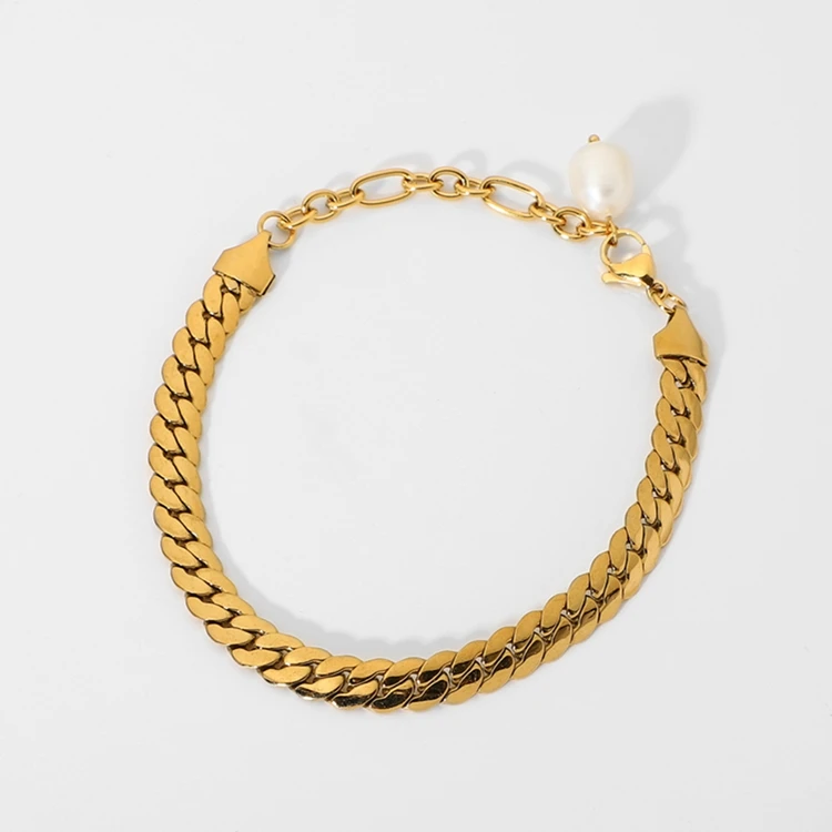 

Simple Pearl Charm Bracelet Women Jewelry 18K Gold Stainless Steel Band Flat Punk Curb Cuban Chain Bracelets