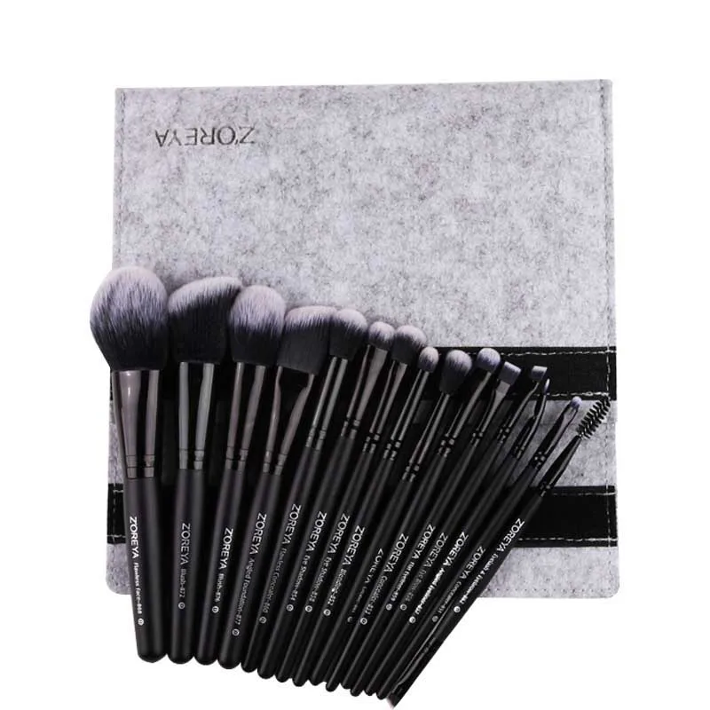 

ZOREYA Professional maquillaje Black Make up brush set 15pcs Synthetic Kabuki Foundation Blending makeup brush Kit