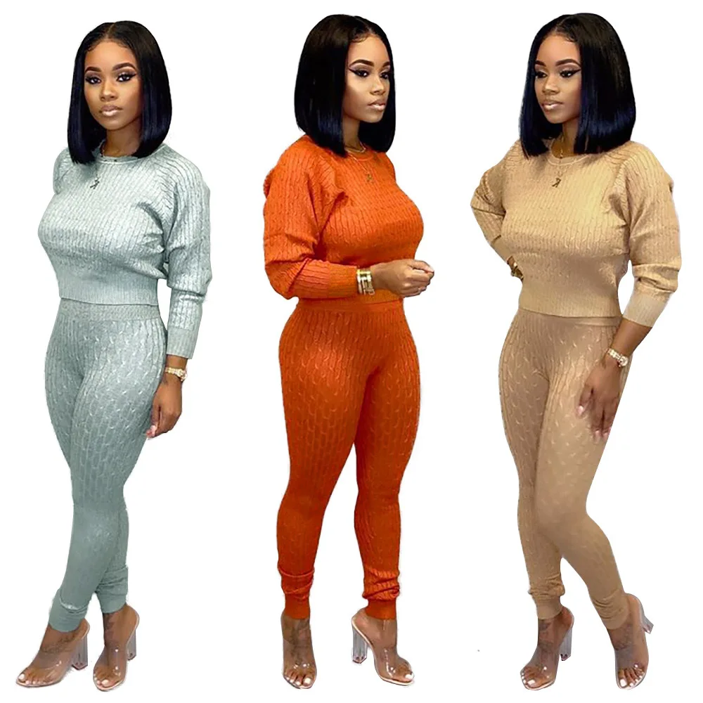 

Autumn Winter Women Full Sleeve Knit Tracksuit Long Pants Two Piece Sweater Set, Orange/khaki/gray