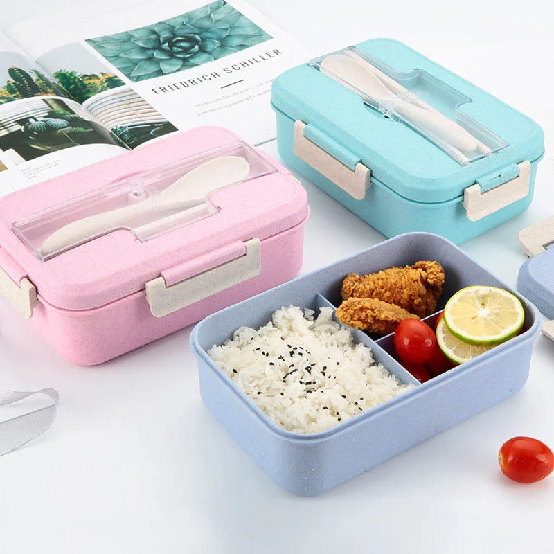 

Microwave Safe Bento Box with cutlery handle Adult Or Kids wheat straw lunch Box, Blue/pink/green