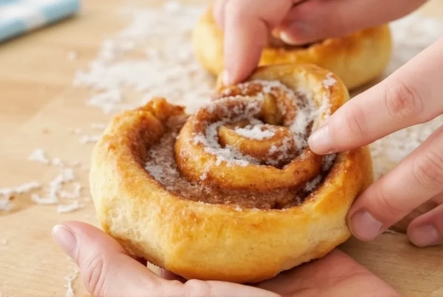 Step-by-step preparation of tiktok cinnamon rolls showing biscuit arrangement in cake pan with cinnamon sugar mixture