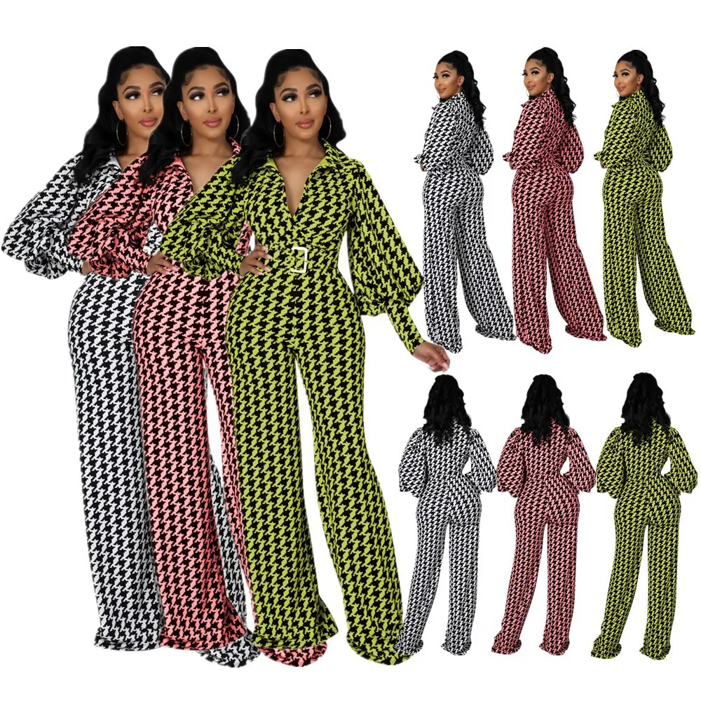 

ZM ZY6627 Newest Design Fall 2021 Women Turn-down Collar Plaid Printing Jumpsuit With Belt Lantern Bulb Sleeve Wide-leg Jumpsuit, Black