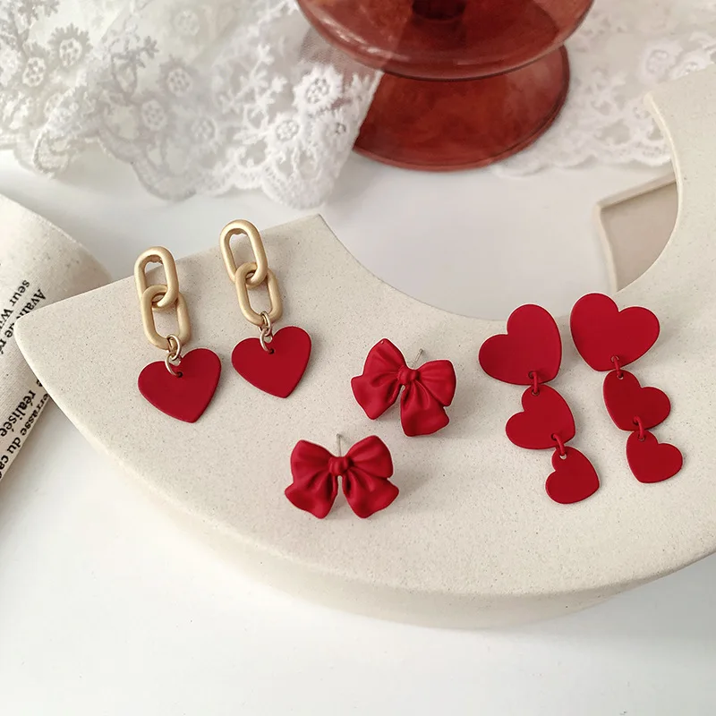 

JUHU 2021 New Wine red heart baked lacquer alloy ear buckle simple cute earrings 925 silver needle bow alloy jewelry for women, Gold