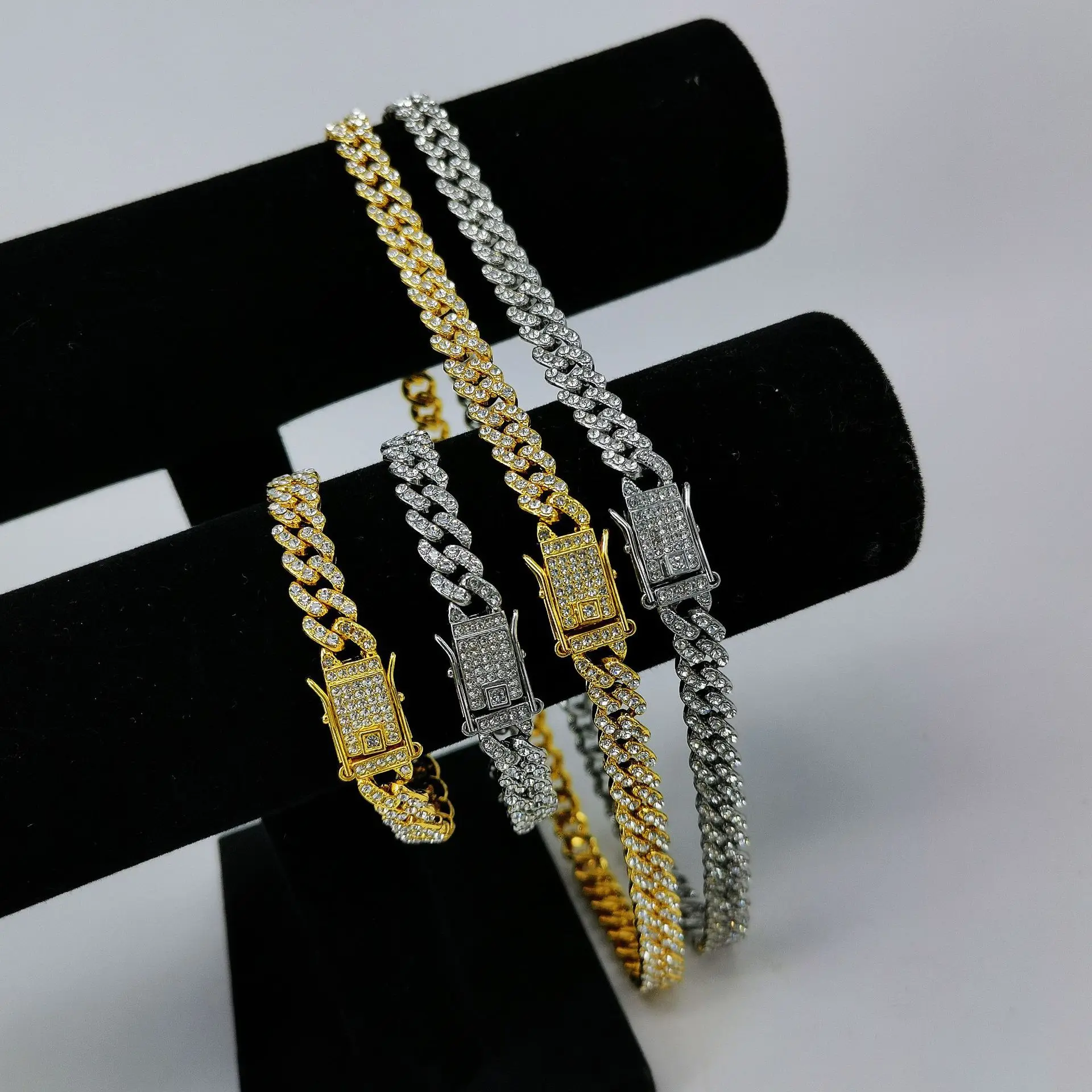 

Hip Hop Gold Plated Pull Diamond Chunky Cuban Chain Necklace Bracelet No Fade Stainless Steel Miami Cuban Link Chain Jewelry Set