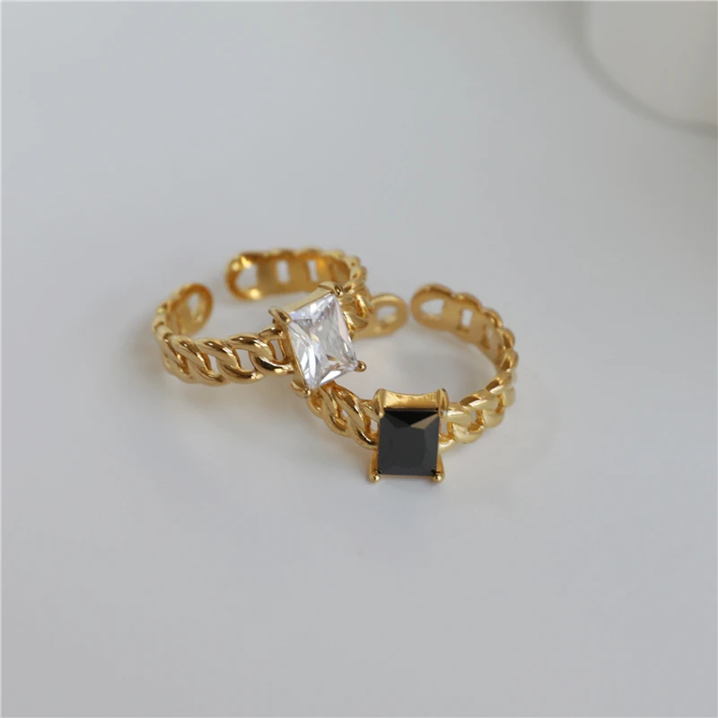 

PVD 18K Gold Plated Chain Rectangle Black & White Crystal CZ Stone Adjustable Women Ring Stainless Steel Jewelry Fashion