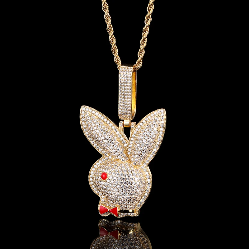 

2021 Fashion Hip Hop Jewelry 18K Gold Brass Animal Pendant Iced Out Bling Lab Diamond CZ Cartoon Bunny Pendant Necklace, White/yellow