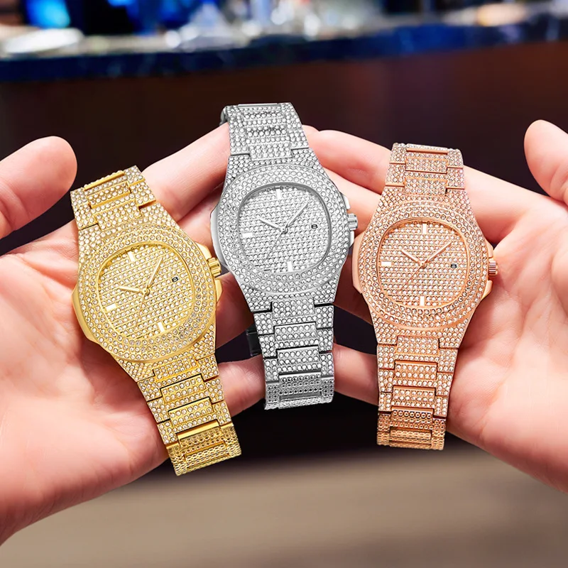 

HIP HOP Rose Gold Watch Men Diamond Men Watches Top Brand Luxury Iced Out Male Quartz Watch Calender Big Dial Gift For Men