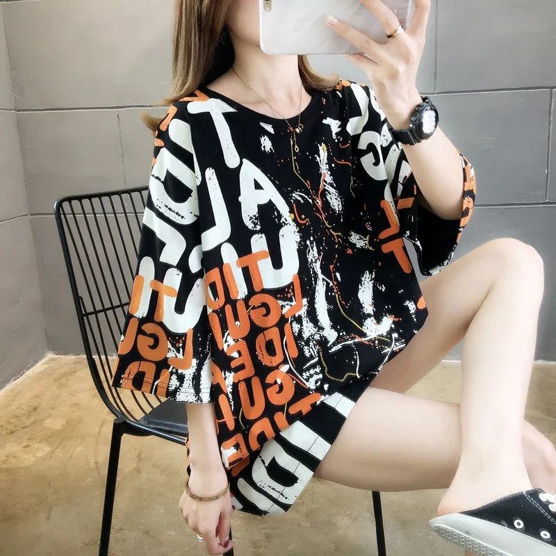 

2023 spring and summer new short-sleeved T-shirt women loose mid-long design sense tie-dye short-sleeved top T-shirt