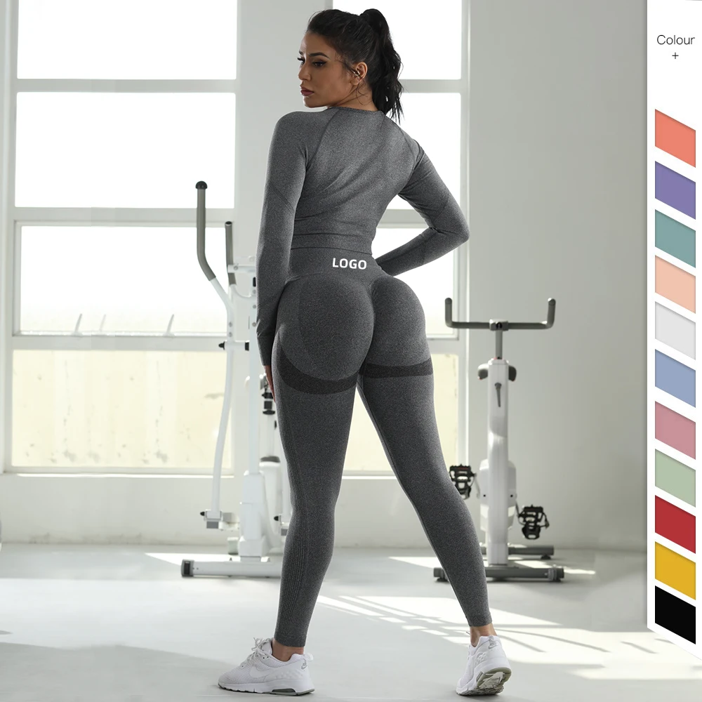 

Custom LOGO Gym Wear Women Set Gym Outfit Yoga Long Sleeve Crop Top Workout Sports Leggings Seamless Clothing Manufacturer, Customized colors