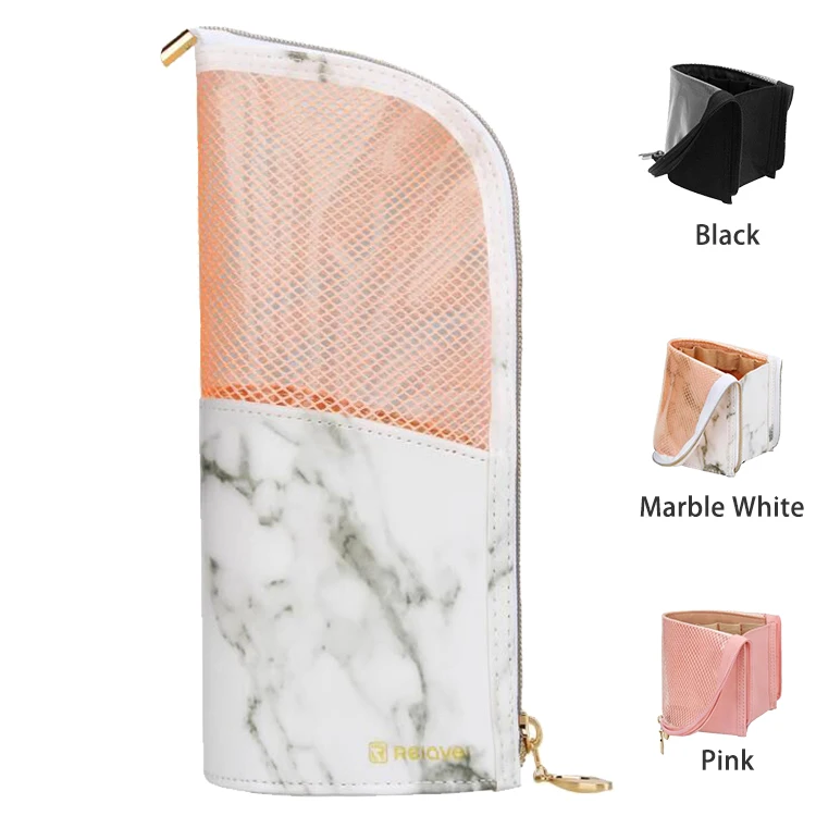 

Relavel Dual Function Small Waterproof Stand Up Organizer Pencil Pen Case for Desk Divider Makeup Brush Holder For Travel, Marble white