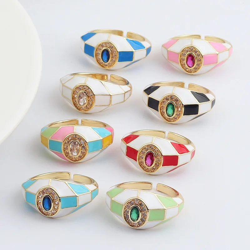 

Vintage Multi Faceted Candy Color Enamel Finger Rings Real Gold Plated Micro Inlaid Colorful Zircon Opening Rings For Women