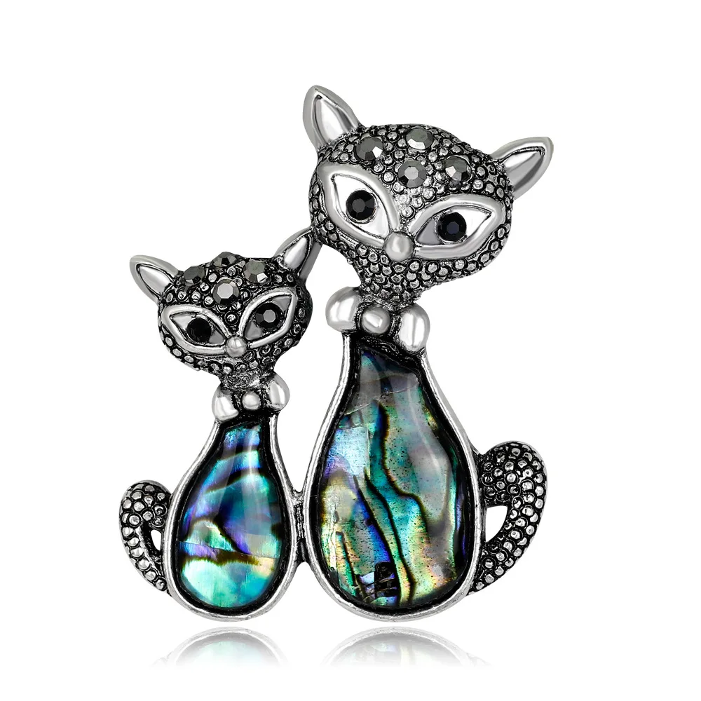 

New Abalone Paua Shell Metal Lovely Couple Cat Brooch Pins For Women Clothes Accessories, Multi-color