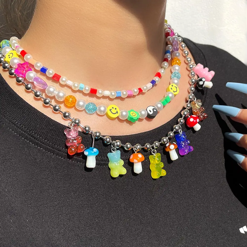 

2021 Fashion Stainless Steel Beads Necklace For Women Candy Color Mushroom Jelly Bear Pendant Necklace