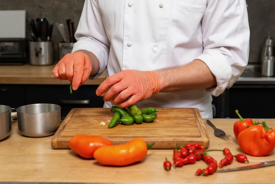 Chef wearing gloves carefully handling habanero peppers with proper kitchen safety equipment