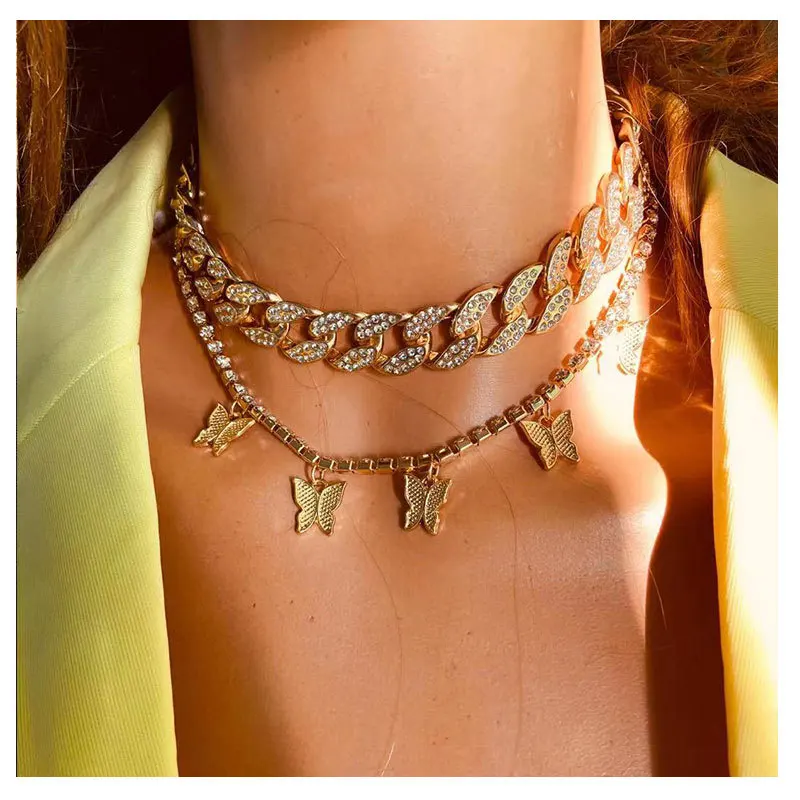 

Luxury Shining Crystal Tennis Butterfly Choker Necklaces For Women Gold Silver Color Bling Rhinestone Chain Necklaces Jewelry